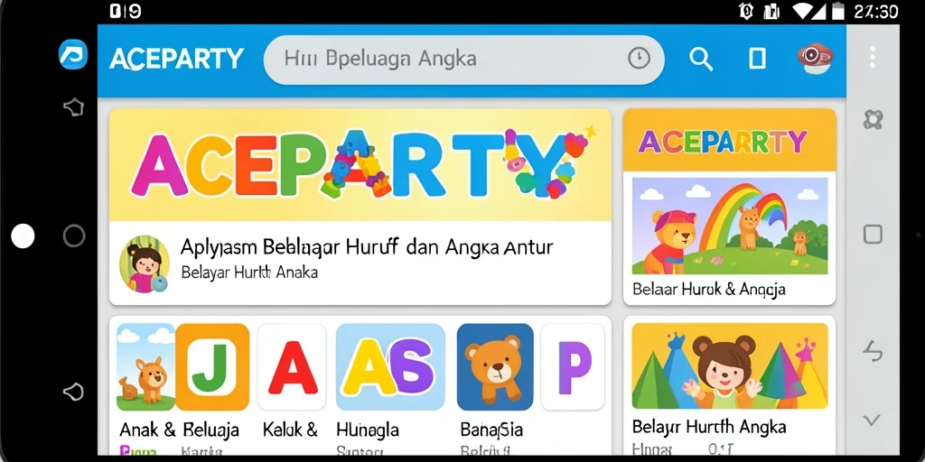 Antarmuka ACEPARTY yang penuh warna dan interaktif untuk belajar huruf dan angka.